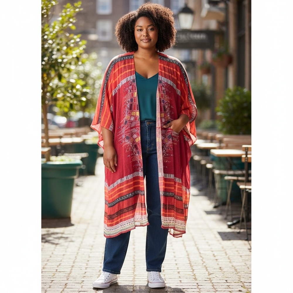 IVKO Geometric Pattern Long Cardigan Womens 40/42 Red Sheer Knit Duster